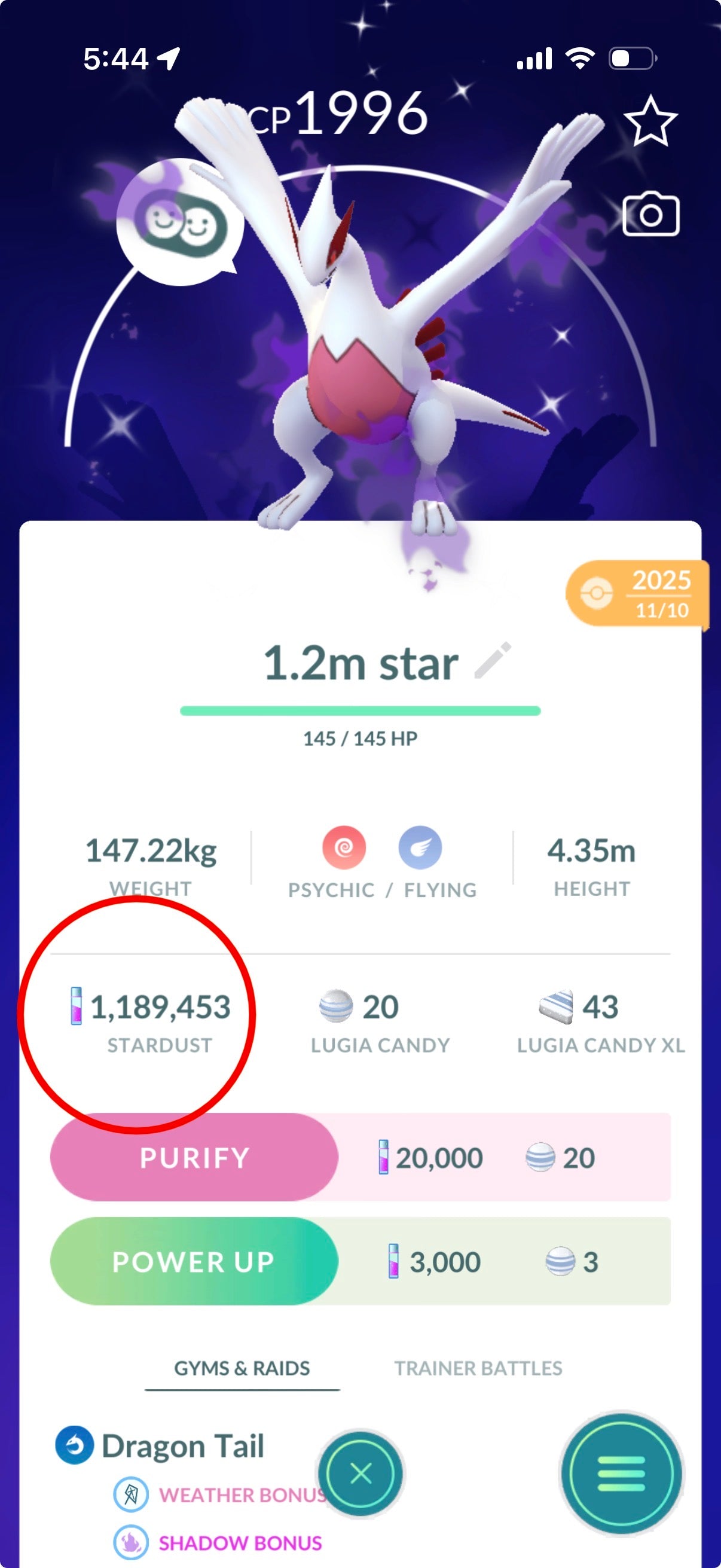 LugiaSpecial account (21 Shiny/Legendary & 1.2m Stardust)