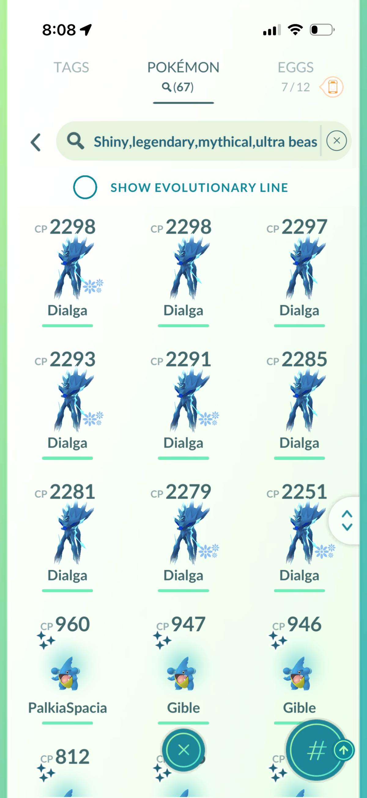 PalkiaSpacial account (67 Shiny/Legendary 1759 Gible Candies 350k Stardust)