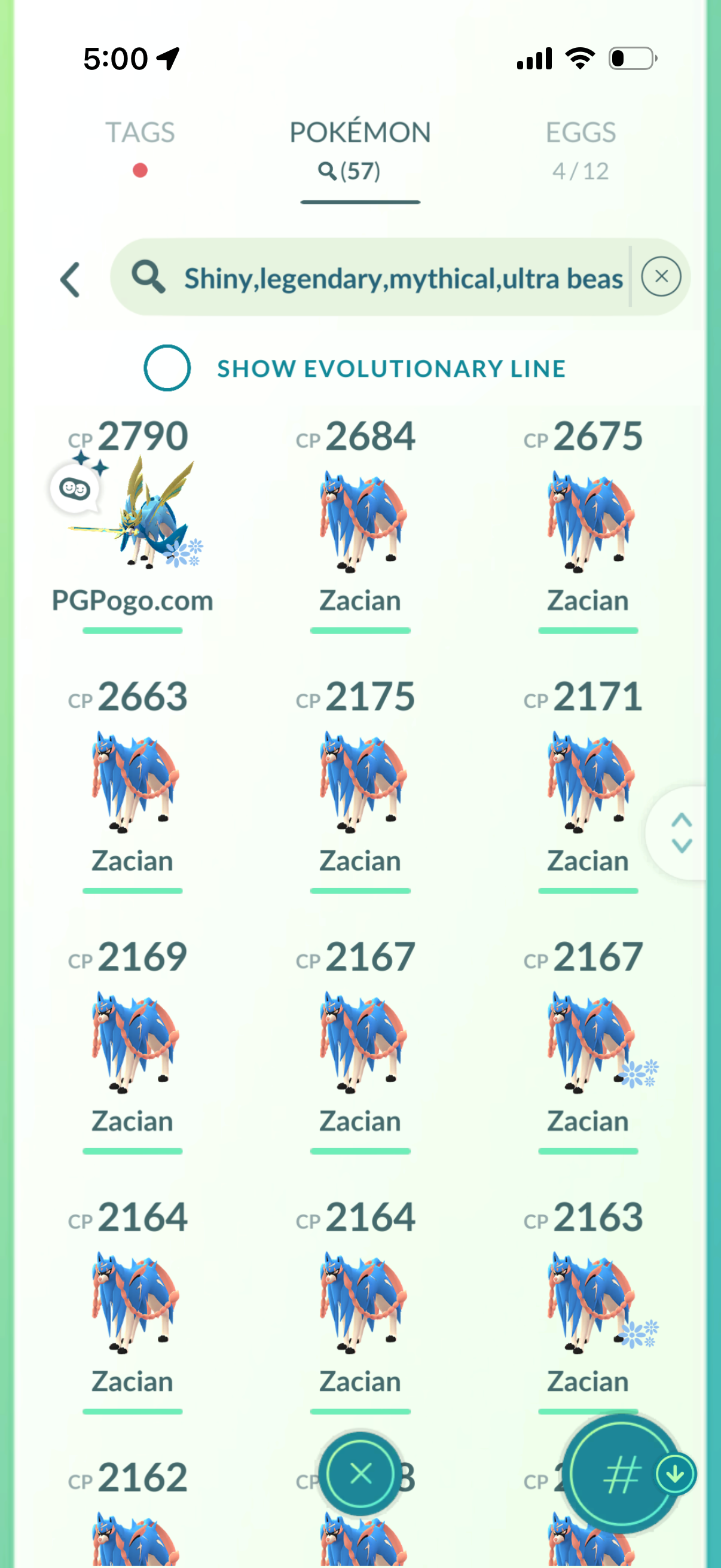 TrinketZacian account (57 Shiny/Legendary + Lucky Trinket)
