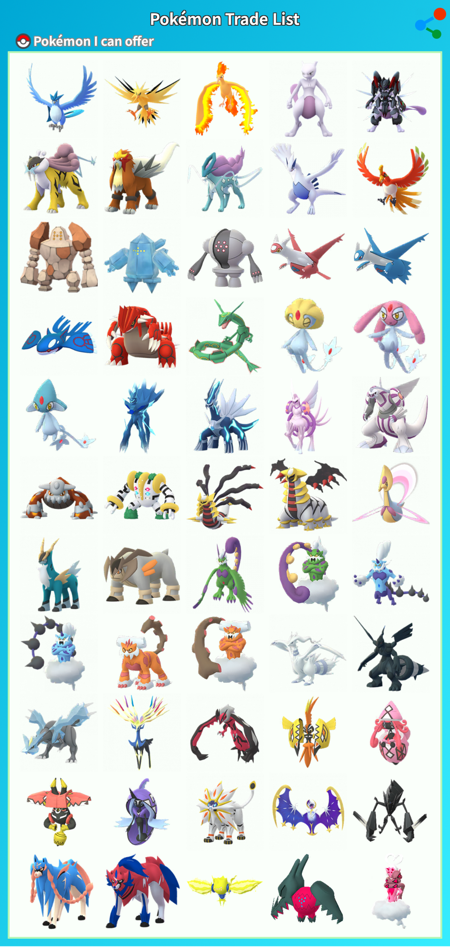 Legendary Pokémon trades (30 day friendship + trade)